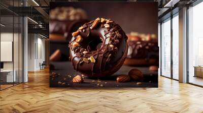 Chocolate donuts with chocolate glaze, nuts. National Donut Day. Generative Ai Wall mural