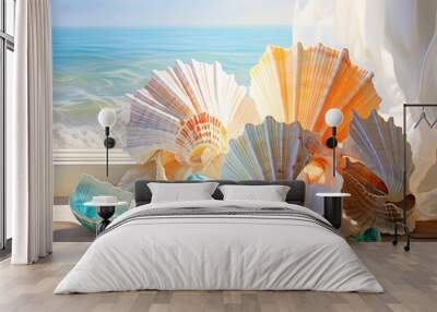 Extraordinary Summer composition with fantastic marine shells and starfish Wall mural