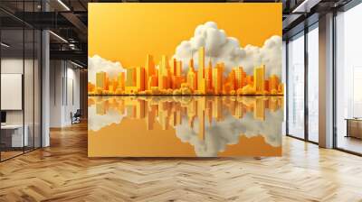 Fantastic Abstract modern cityscape isolated on yellow background mirror skyscrapers with clouds Wall mural