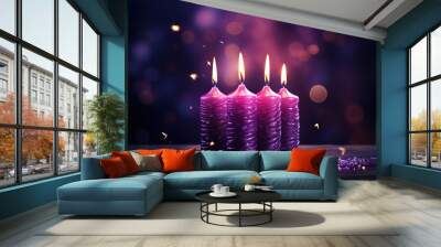 Outstanding Christmas Purple Candles With Soft Blurry Lights And Glittering On Flames High quality Wall mural