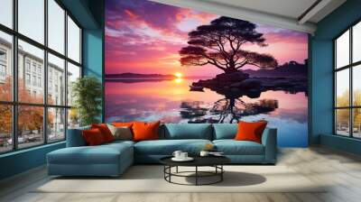 Outstanding High angle shot of the beautiful sea with a single boat sailing at sunset Wall mural