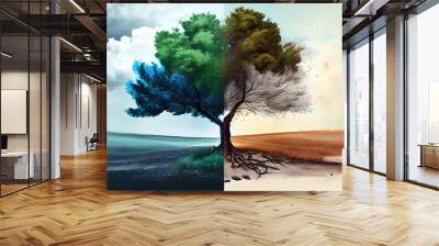 tree in two with very different environments Earth Day or World Environment Day. Generative Ai Wall mural