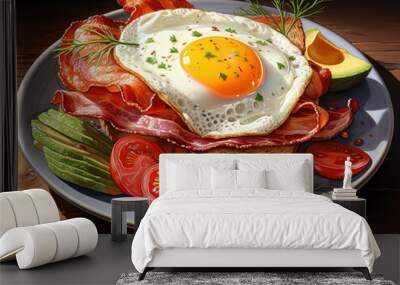 Wonderful Breakfast delight: Two fried eggs with bacon on a plate, a tasty morning meal Wall mural