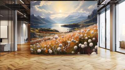 Wonderful Norwegian landscape in summer with sun, mountains and cotton grass Wall mural