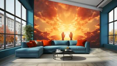 World Mental Health Day concept, Silhouette prayer hands in the sunset sky background. Generative Ai Wall mural