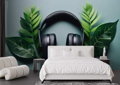 World music day concept, Headphones and plants on light surface. Generative Ai Wall mural