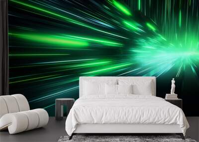 Abstract 3D background of green neon lines sliding down. Modern wallpaper. Wall mural