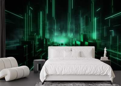 Abstract 3D background of green neon lines sliding down. Modern wallpaper. Wall mural