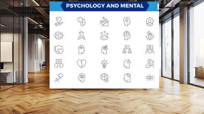 Psychology and mental line icons collection. Big UI icon set in a flat design. Thin outline icons pack, Mental health icon set. Thin outline icons pack. Editable stroke. Wall mural