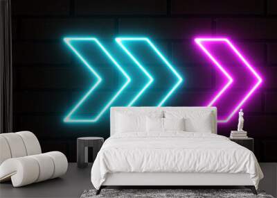 Glowing directional right arrow neon sign. Set of bright multicolor neon light arrows pointing to the right. Flashing direction indicators. 3D rendering of glowing neon arrows on a bricks background Wall mural