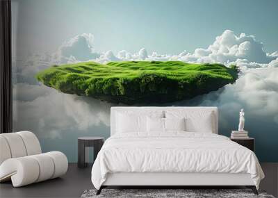 A 3D rendered image of a floating land with a green grass surface Wall mural