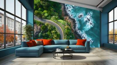 Aerial view of curved asphalt road near sea or ocean, coastline Wall mural