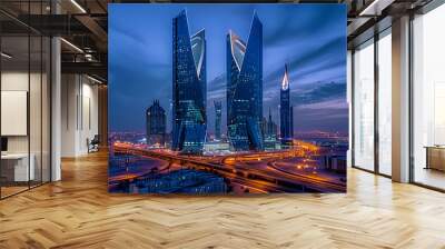 Buildings stand in Riyadh, Saudi Arabia against a blue sky Wall mural