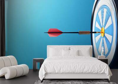 Darts hitting the bullseye on a colorful dartboard against a blue background. created with Generative AI technology Wall mural