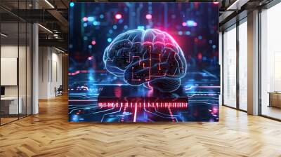 Digital AI Electronic Brain Metallic Neon Light Neural Data Storage Machine Artificial Intelligence Neural System Wall mural