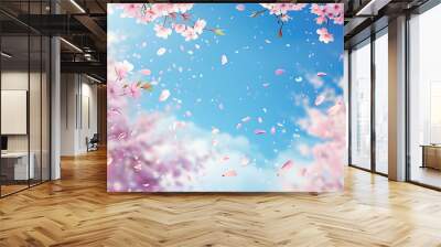 Image of blue sky and fallen cherry blossom petals Wall mural