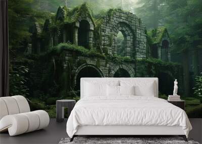 Old green ruins of historic buildings overgrown with moss and grass Wall mural