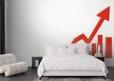 Red upward arrow with bar graph on white background.  AI generate image Wall mural