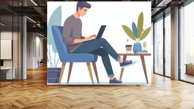  man working on his laptop, vector illustration Wall mural