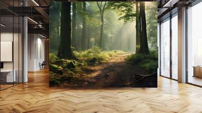 Image of a serene green forest tranquil, Generative ai. Wall mural