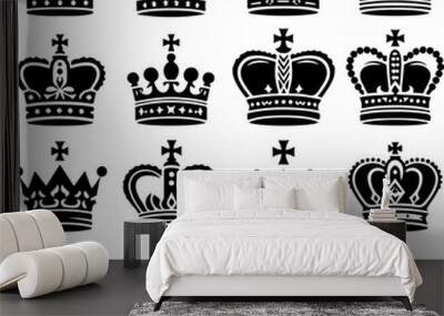 Crown King mega icon set vector illustration. King, queen tiara, princess diadem in style of hand-drawn black doodle on white background. Collection of the crown silhouette. Wall mural