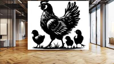 Mother Hen with Her Chicks silhouette vector. Happy mother hen walking with her cute little chicks Wall mural