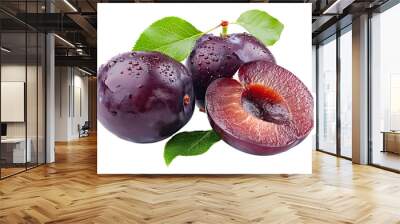 plums with leaves Isolated on a transparent background. Wall mural