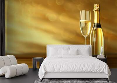 Two glasses and ottles of champagne on a golden background Wall mural