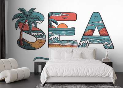 Hand drawn art summer hand written font sea, palm tree, sunset, mountain mixed together vector Wall mural