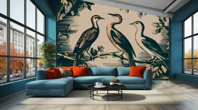 Vintage engraving with birds, foliage. Floral abstract poster animals & leaves in vector design Wall mural