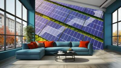 Upward line graph with arrow superimposed on rows of solar panel. Representing growth in production, efficiency and usage. Increasing demand of renewable energy usage. Wall mural