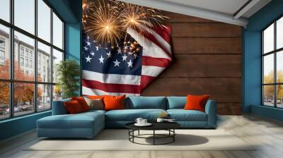 Patriotic holiday. Happy kid, cute little child girl with American flag. USA celebrate 4th of July. Wall mural