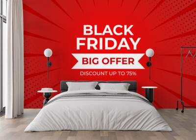 Black Friday big offer discount sale banner design template on shiny red background with halftone. Vector illustration. Wall mural