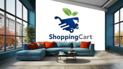 Blue Shopping Cart Logo with green leaves vector logo template. Wall mural