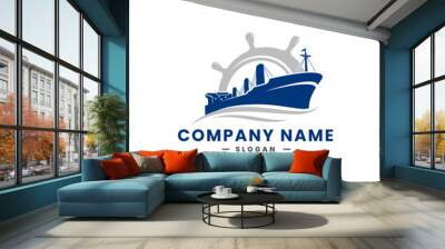 Cargo Ship Logo in the ocean design template with steering for international export or import of goods transportation trading companies.  Wall mural