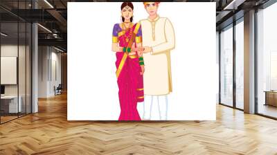 Indian Wedding Couple Standing wearing Silk Saree and Kurta Wall mural