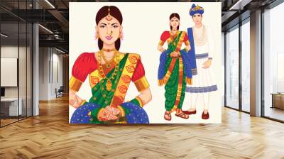 Marathi couple standing with Peshwa look for indian wedding Wall mural