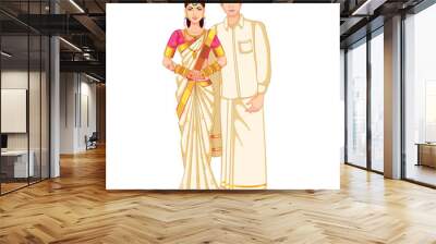 South Indian Wedding Couple Standing wearing Silk Saree and veshti Wall mural