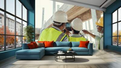 Civil Engineer and Contractor working in construction site. Team Architect working use BIM technology and digital construction application on digital tablet. Teamwork discussing at workplace. Wall mural