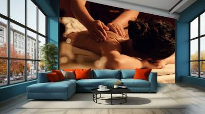 Relaxation woman back massage with masseur in cosmetology spa centre. Wall mural