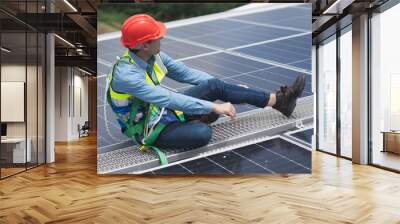 Construction workers clean solar panels for energy.Renewable Energy Battery Clean Mountain Climber Activities Work Uniforms.Managers discuss electric power ecology, human, renewable energy.
 Wall mural