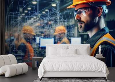 Technology 5.0 Industrial Safety Assurance.Professional female engineer worker skills quality, maintenance, training industry factory worker , warehouse Workshop for factory operators. Wall mural