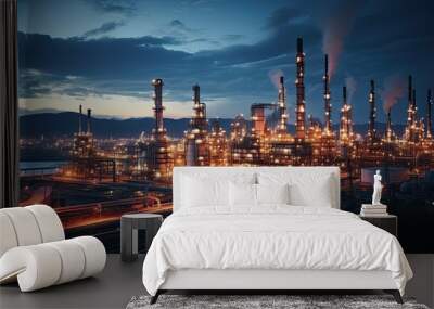 The power industry factory at night.Industry pipeline transport petrochemical, gas and oil processing.	 Wall mural