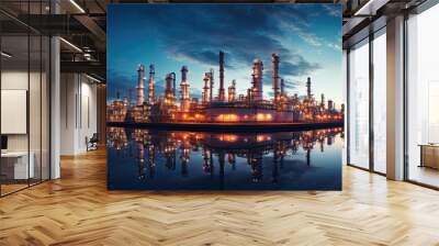 The power industry factory at night.Industry pipeline transport petrochemical, gas and oil processing.	 Wall mural