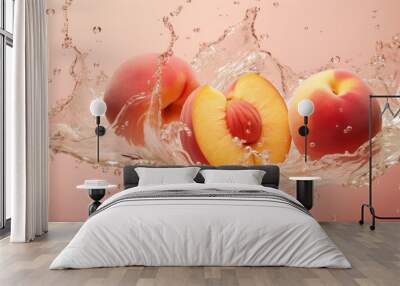 A cinematic shot of peach fruits falling with water splash, for commercial use, orange juice Wall mural