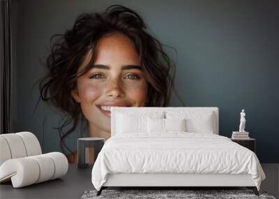 A female model with dark brown hair smiling. Wall mural