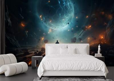 A person floating in space that is vibrant with portals and vortexes leading into parallel dimensions and alternate realities of another world Wall mural