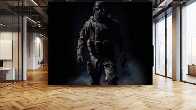 A terrifying soldier walking toward the camera, dark theme, ai generative illustration Wall mural