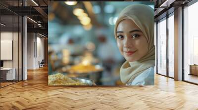 A woman wearing hijab, holding a plate of basmati rice in a restaurant. Wall mural