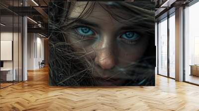 A woman with flowing hair and blue eyes, in the style of epic fantasy scenes, close-up intensity Wall mural